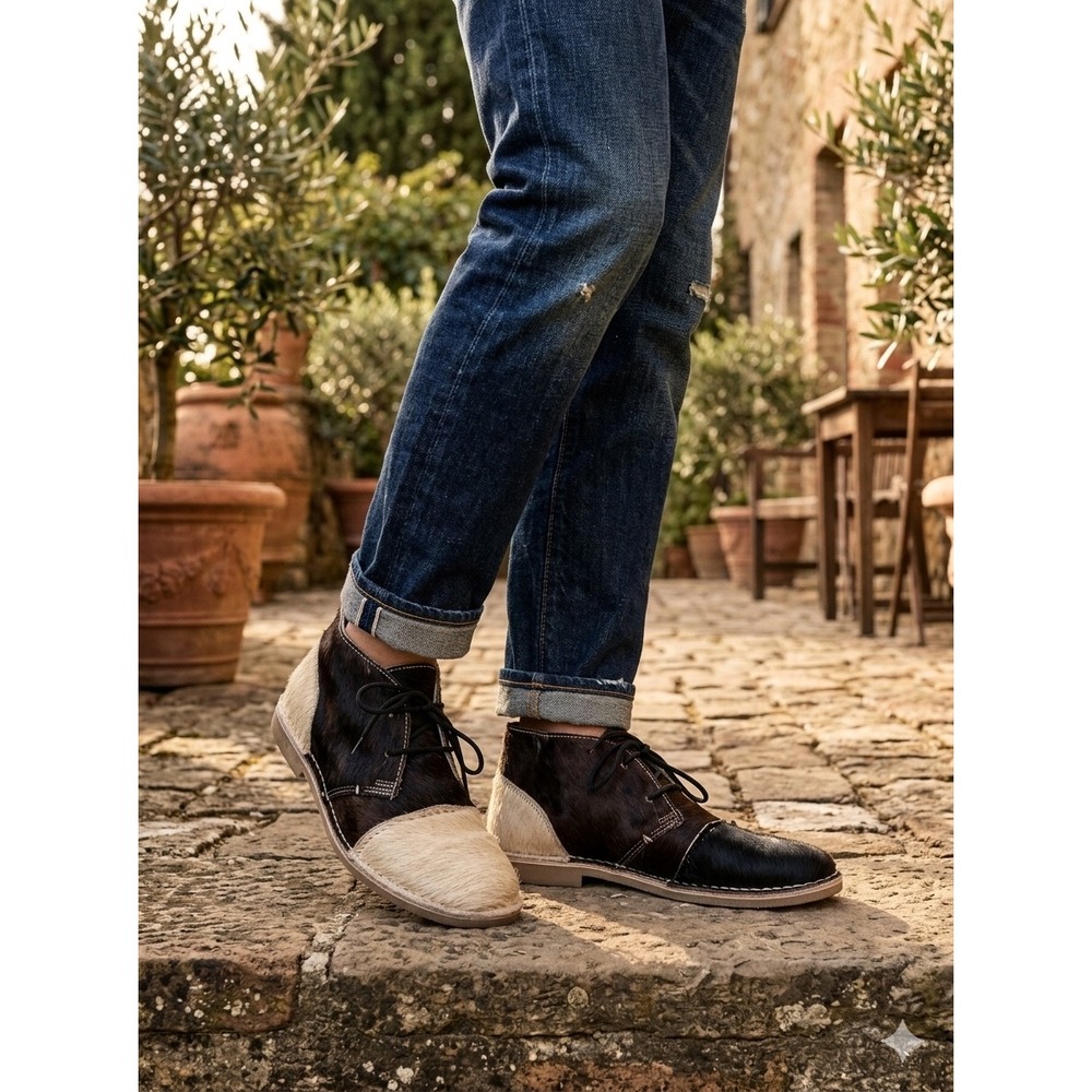 Oliberte Men Hair on Hide Cowhide Chukka Desert Boots Brown Cream Size 41 Africa